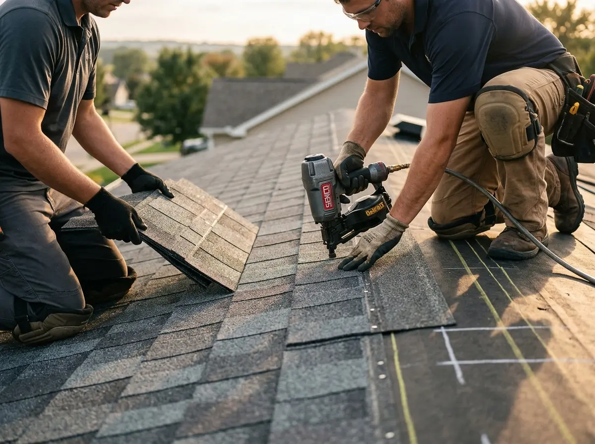 Professional roofer working on a residential roof in Redmond
